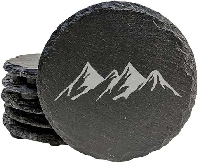 Mountain Majesty Slate Coasters with Stunning Mountain Scene Design - Perfect for Home and Office Decor and Protection of Surfaces, Available in Square or Round Coasters - Round Slate - Set of 8
