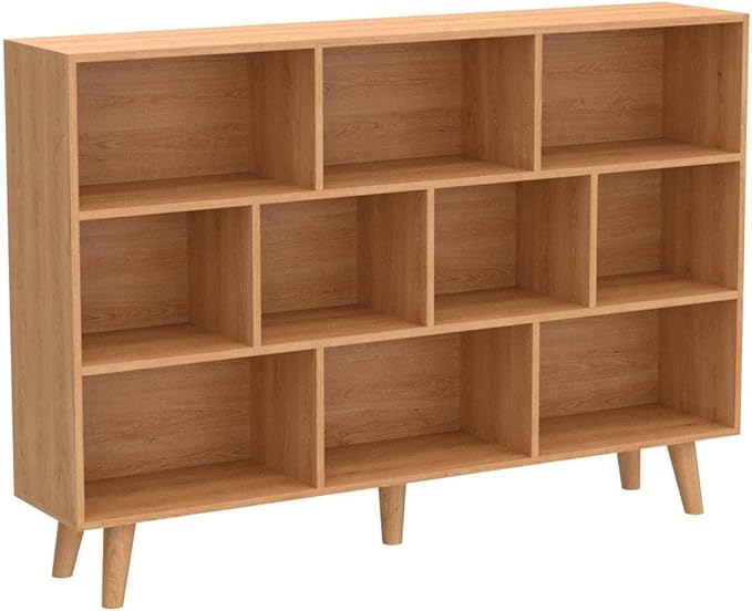 IOTXY Wooden Open Shelf Bookcase - 3-Tier Floor Standing Display Cabinet Rack with Legs, 10 Cubes Bookshelf, Pear Yellow