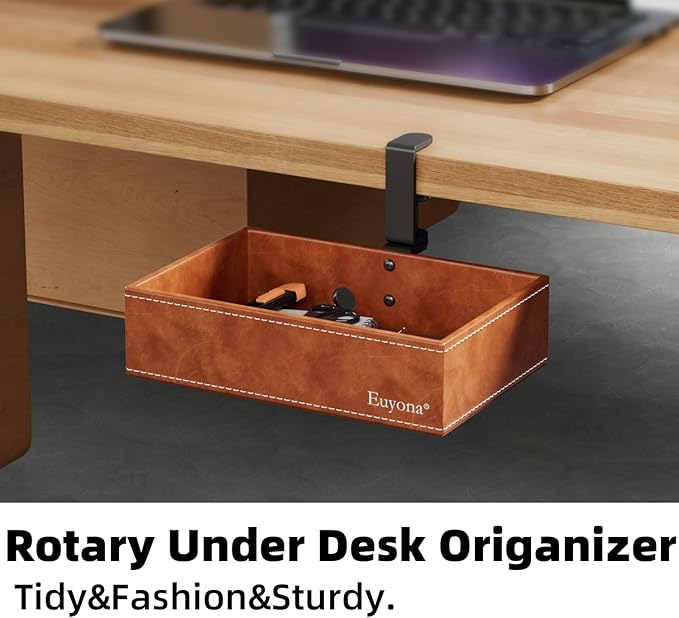 PU Leather Under Desk Drawer Organizer, 360° Rotating Clamp for Stationery, Remote Control, Phone & Pencil Storage, Computer Desk Accessories (Brown)