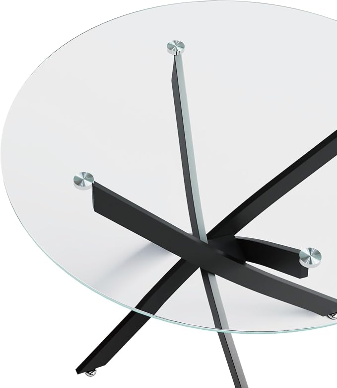 Round Glass Dining Table with Crossed Metal Legs, 31.5" Modern Glass Kitchen Table for Dining Room Kitchen, Black
