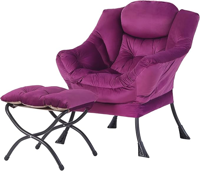 Welnow Lazy Chair with Ottoman, Modern Lounge Accent Chair with Armrests and a Side Pocket, Leisure Sofa Armchair Set, Reading Armchair with Footrest for Small Space, Dark Purple