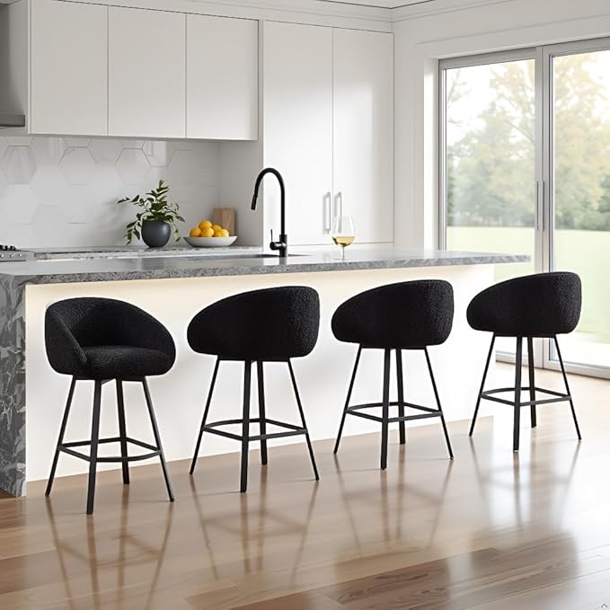 Zesthouse Swivel Counter Height Stools Set of 2, Modern Bar Stools for Kitchen Island, 26'' Black Sherpa Kitchen Counter Height Chairs with Barrel Arms & Backs, Upholstered Fabric Bar Chairs