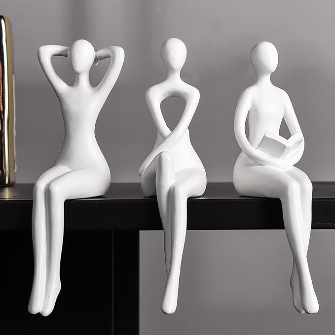 Quoowiit White Thinker Statue Unique Ornament Sculpture, Art Modern Home Decor Accents Bookshelf Decor, Creative Table Decorations for Living Room Desk 3 Piece