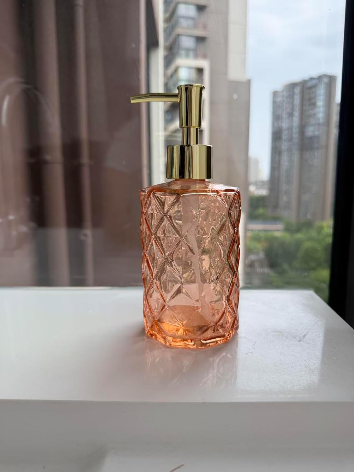 Glass Soap Dispenser with Gold Plastic Pump, 12oz Refillable Liquid Hand Soap Dispenser, 2 Pack Crystal Lotion Bottle for Modern Home Decor, Bathroom, Kitchen Countertop, Hotel(Amber)