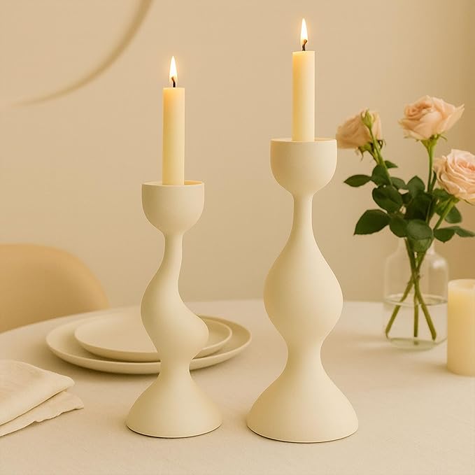 Smtyle Ivory Tapered Candlestick Holders Cast Aluminum Candle Stick Holders Set of 2 for Taper Candles,Home Decor, Dining Table or Mantel
