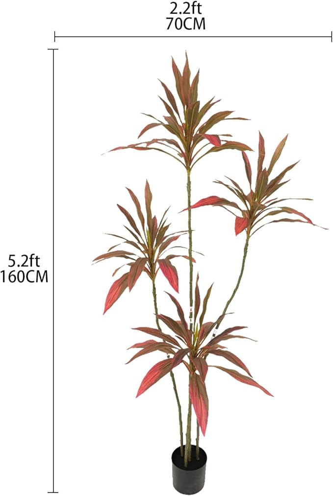 Artificial Cordyline Plant, Indoor Potted Plant, 4 Stems with Black Planter, Suitable for Large Indoor Living Room Decorations, Potted Plants, and Window Display Scenes (Red-5.3ft)