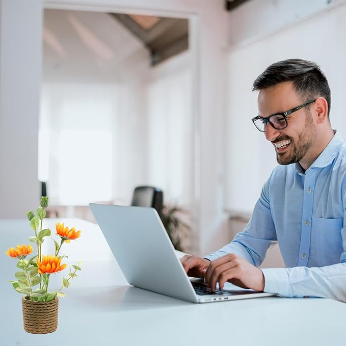 AlphaAcc 13.5 Inches Artificial Plant Sunflower Arrangement Realistic Orange Silk Fake Plants with Eucalyptus Stems in Rustic Rope-Striped Cement Planter Faux Potted Flowers for Home Décor Indoor