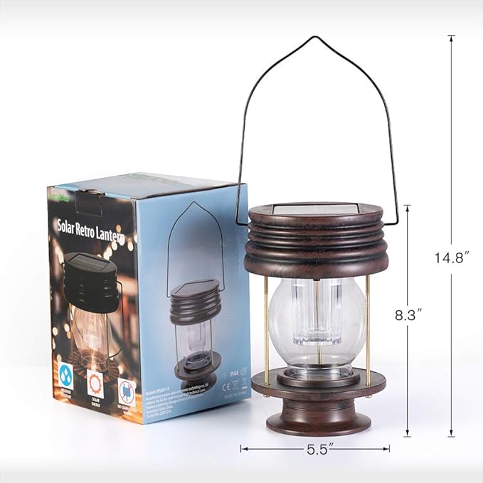 Hanging Solar Lights Outdoor - 8.3” Solar Powered Waterproof Retro Christmas Lanterns, Bright Landscape Lanterns Lamp, 30 Lumen, 1 Pack, Great Decor for Patio, Yard, Garden and Table (Warm White)
