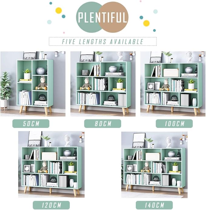 IOTXY Wooden Open Shelf Bookcase - 3-Tier Floor Standing Display Cabinet Rack with Legs, 7 Cubes Bookshelf, Tiffany-Green