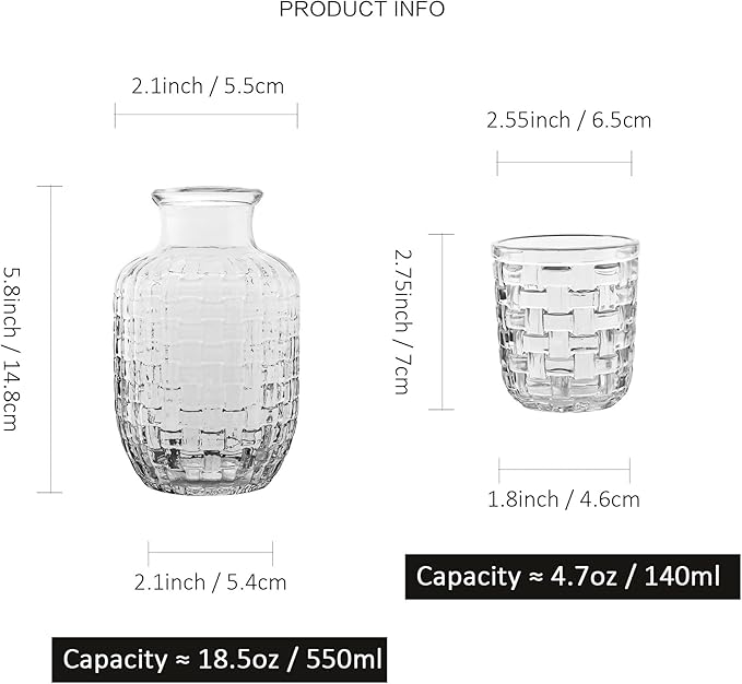 Bedside Water Carafe and Glass Set for Bedroom Nightstand, Bedside, Ticked Glass Mouthwash Decanter for Bathroom, Water Pitcher Set 18.5 oz (Knitted Pattern)