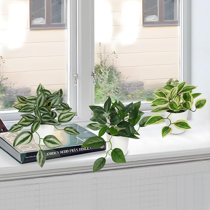 Hollyone Fake Plants 6 Pack Artificial Plants Indoor Faux Plant with White Plastic Pot Small Fake Potted Plant for Home Aesthetic Living Room Bathroom Desk Shelf Office Decor