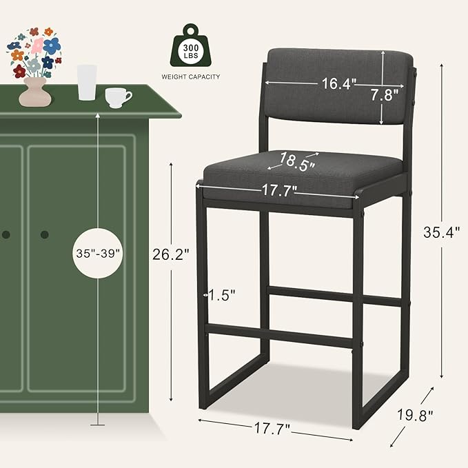 Mid Century Modern Counter Height Bar Stools Set of 3, 26" Bar Height Chairs with Backs, Upholstered Counter Stools, Metal Barstools for Kitchen Island (Darkgray- Fabric, 26" H - Set of 3)