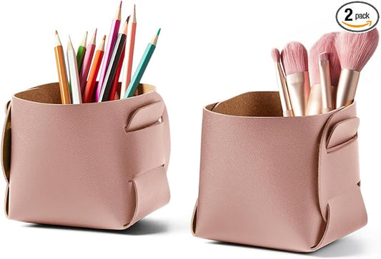 HOMIEAZICOZI 2-Pack Cork Leather Desk Accessories Storage - Pencil Pen Holder - Makeup Brush Holder Organizer - Stylish Addition to Home Decor (Pink)