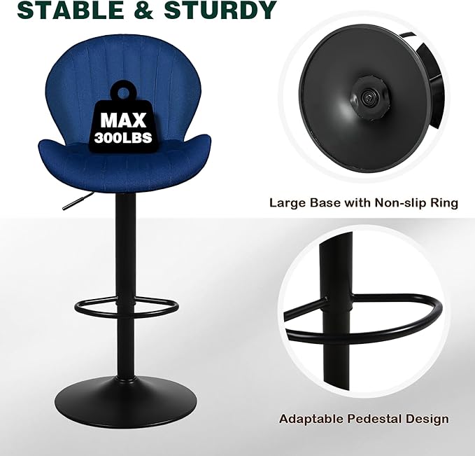 Modern Bar Stools Set of 2, Velvet Height Adjustable Swivel Barstools, Armless Kitchen Island Counter Chairs with Back & Footrest, Blue