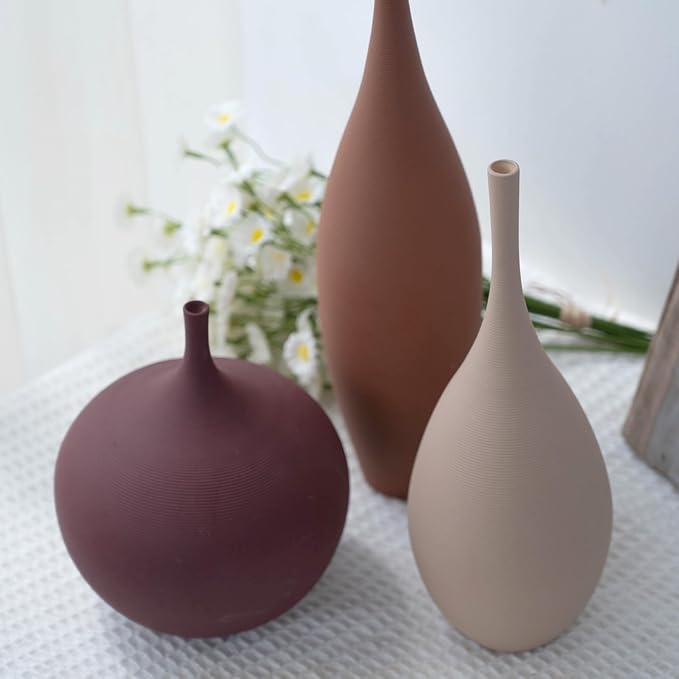 Ceramic Modern Vase Set of 3 Farmhouse Decorative Vase Minimalist Aesthetic Vases for Centerpieces Matte Ribbed Vases for Home Decor Table Entryway Living Room (Brown+Khaki+ Dark Red)