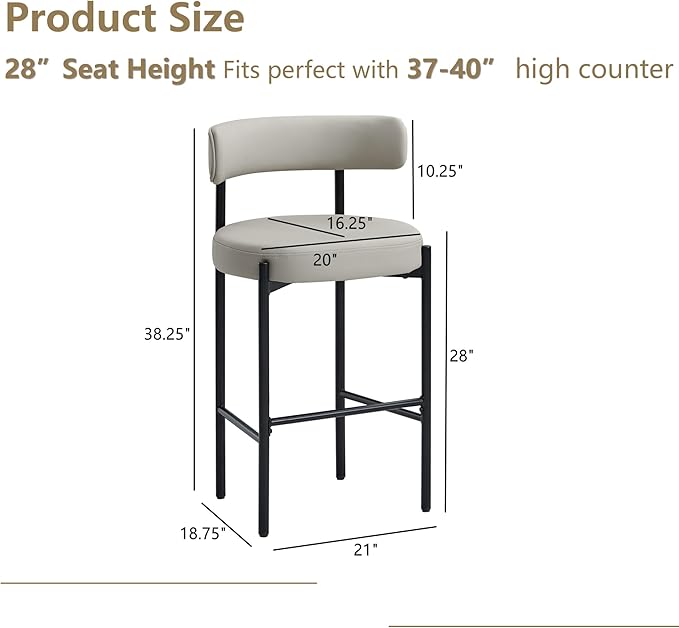 28'' Faux Leather Bar Stools Set of 2, Bar Height Stools for Kitchen Island, Grey Barstools with Backs, Upholstered Counter Chairs (Vegan Leather, Grey)