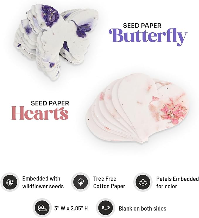 48pcs Plantable Seed Paper – 24 Heart & 24 Butterfly Embedded with Wildflower Seeds, Unique Gift for Mothers, Garden Lovers, Bridal Shower, Wedding, Birthday, & other Milestone Celebrations
