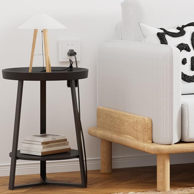 Gadroad Round End Table with Charging Station, USB Ports and Anti-Drop Fence, Wood Tabletop & Black Metal Frame, 2-Tier Side Table for Living Room, Bedroom, Black 15.7 * 15.7 * 23.0 inches