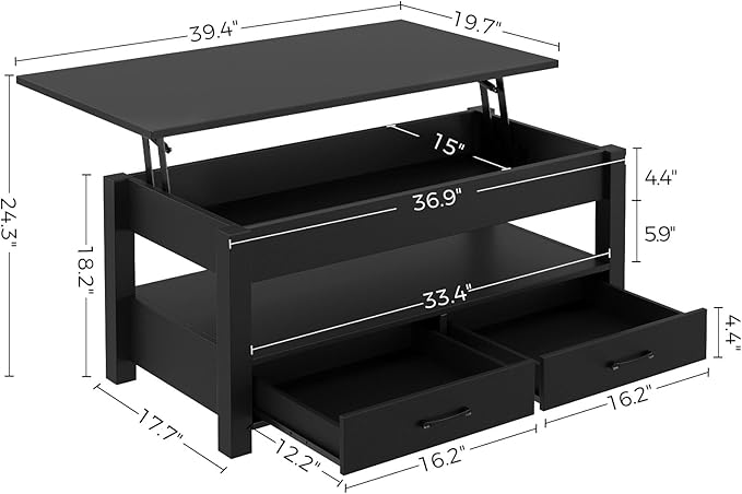 Rolanstar Coffee Table, Lift Top Coffee Table with Drawers and Hidden Compartment, Retro Central Table with Wooden Lift Tabletop, for Living Room, Black