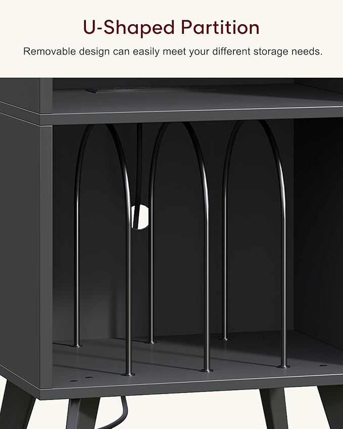 Record Player Stand, 3-Tier Side End Table with Charging Station, Turntable Stand Up to 160 Albums, Vinyl Storage Cabinet Dispaly Shelf for Living Room, Classic Black