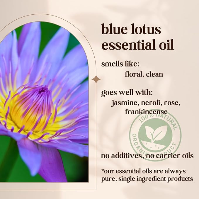 Blue Lotus Essential Oil - 100% Pure & Natural, Organic, Undiluted for Aromatherapy, Hair, Skin, Diffuser (0.33oz - 10ml)