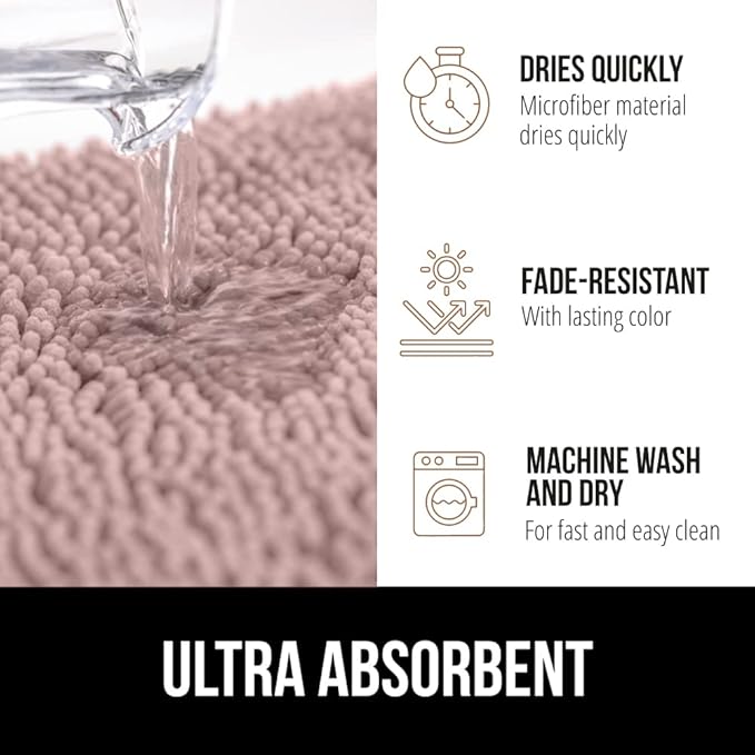 GORILLA GRIP Bath Rug Mat 36x24, Soft Absorbent Chenille, Quick Dry Microfiber Mats, Rubber Backing Washable Shower Floor Rugs, Bathmat Runner, US Designed Bathroom Home Decor Accessories Dusty Rose