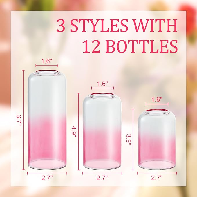 12pcs Pink Bud Vase, Glass Flower Vase for Centerpieces, Small Vases for Flowers, Decor Centerpiece for Bathroom, Decorative Vases for House Warming