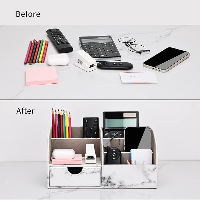 KINGFOM Pu Leather Desk Organizer Pen Pencil Holder Office Supplies Caddy Storage Box 6 Compartments with Drawer Gray Marble