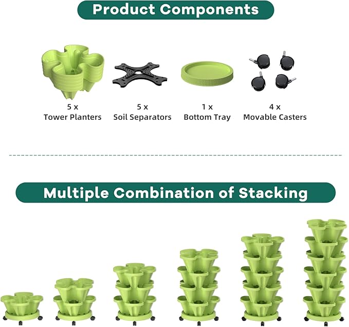 Strawberry Stacking Planters, Vertical Garden Tower, 5 Tiered Stackable Herb Vegetable Planters with Movable Casters and Bottom Saucer Indoor and Outdoor - Green