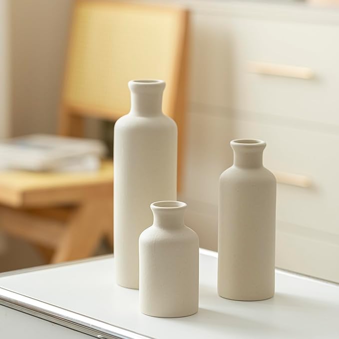 10 Inch Modern Ceramic Vase Set of 3, Beige Colors, Decorative Bottles for Home, Farmhouse Rustic Decor (Beige)