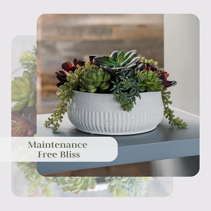 Round Faux Succulent Arrangement, 12" Premium Artificial Indoor Plant Enhances Interior Design, Display on Any Surface in Your Home Adding an Inviting Touch of Nature, White Planter Pot Included