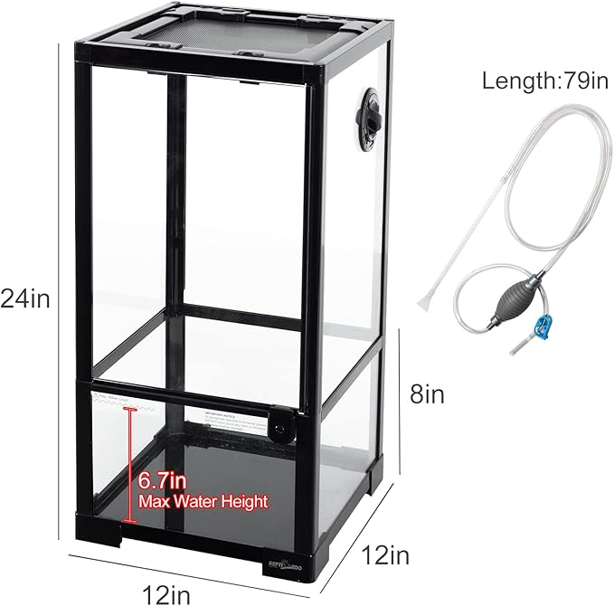 REPTIZOO 15 Gallon Full Glass Reptile Terrarium 12" x 12" x 24" Knock-Down Glass Tank and Siphon Gravel Cleaner Set, Small Habitat for Reptile Chameleon, Tree Frogs, Arboreal Geckos,Lizard