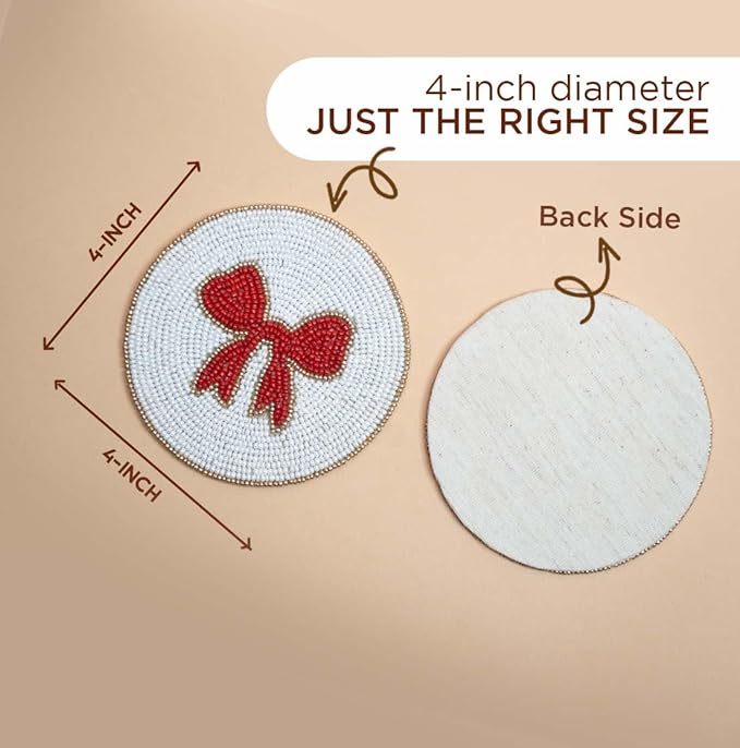 Folkulture Beaded Coasters for Drinks | Set of 4 (4") Round Decorative Bar Coasters for Table Décorations or Coffee Table | Cute Boho Coaster Gifts for her Set of 4