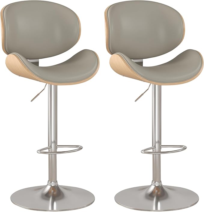 KCC Bar Stools Set of 2, Swivel Adjustable Height Barstools, PU Leather Upholstered Bar Chairs with Footrest, Bentwood Bar Stool for Kitchen, Bar, Dining Room(Grey PU)
