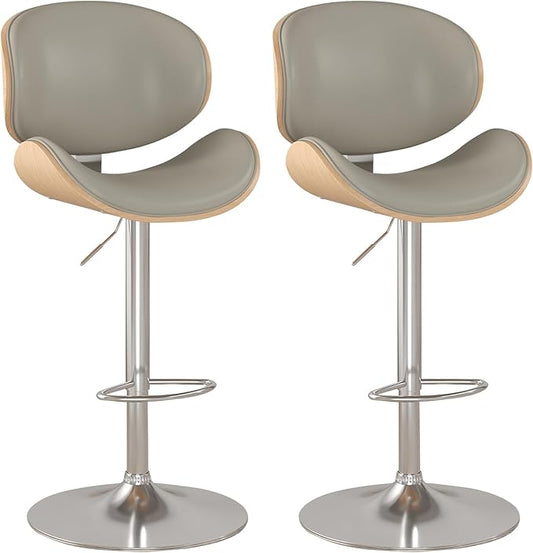 KCC Bar Stools Set of 2, Swivel Adjustable Height Barstools, PU Leather Upholstered Bar Chairs with Footrest, Bentwood Bar Stool for Kitchen, Bar, Dining Room(Grey PU)