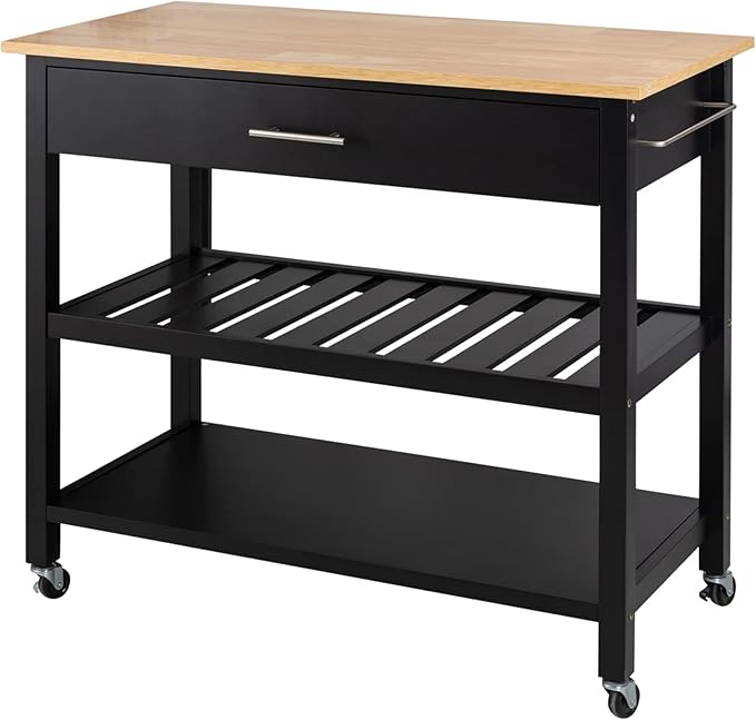 Shintenchi Kitchen Island Cart with Storage,Rolling Kitchen Island Side Table on Wheels with Large Worktop,Storage Cabinet,Towel Rack,Drawers and Open Shelves for Kitchen,Dinning Room,Black