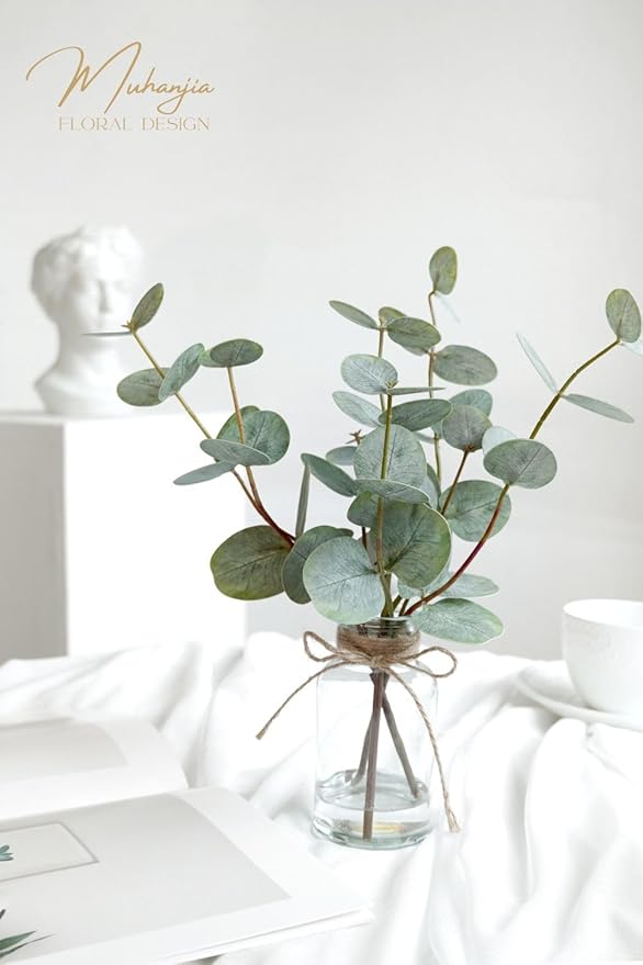 Artificial Eucalyptus Stems in Glass Vase with Faux Water,3Pcs Fake Plant with Double-Sided Green Leaves for Centerpiece(Double-Sided Green Eucalyptus)