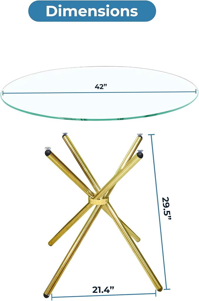 Fab Glass and Mirror 42" Flat Round Hydra Dining Table with Clear Glass Top and Gold Finish Base, Elegant Round Glass Coffee Table, Modern Glass Kitchen Table for Home, Dining Room