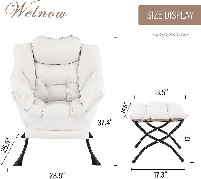 Welnow Lazy Chair with Ottoman, Modern Reading Lounge Accent Chair with Armrests and a Side Pocket, Leisure Upholstered Lazy Sofa Set with Footrest for Small Space, Beige