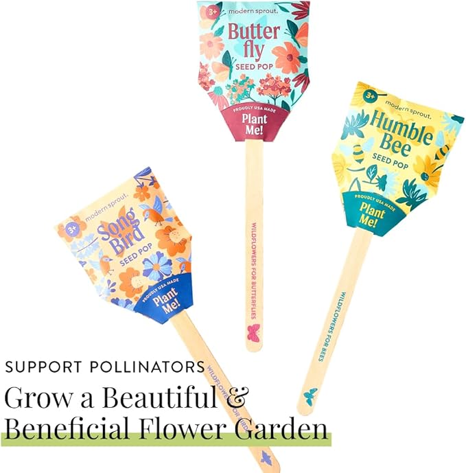 Modern Sprout Seed Pops - Organic Non-GMO Humble Bee, Butterfly & Song Bird Wildflower Seeds - Fun Family Activity - Ideal for Indoor & Outdoor - Gift for Kids, Adults & Plant Lovers (Pack of 12)