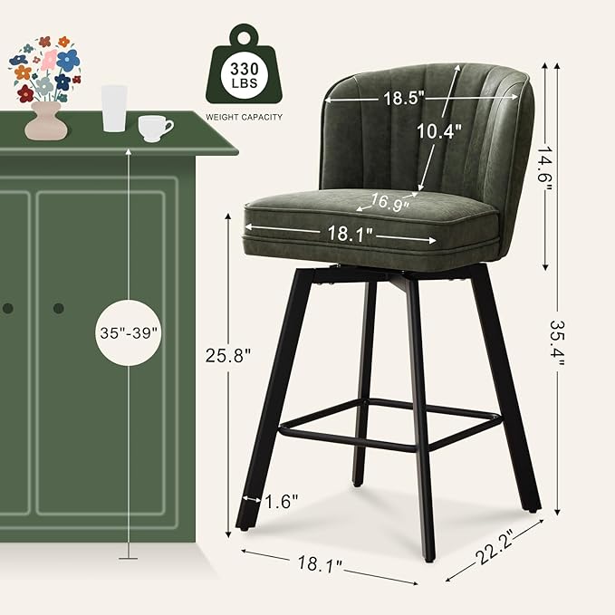 Swivel Counter Height Bar Stools Set of 4, 26'' Modern Barstools with Backs and Metal Legs, Upholstered Bar Chairs, Faux Leather Green Stools for Kitchen Island Chairs