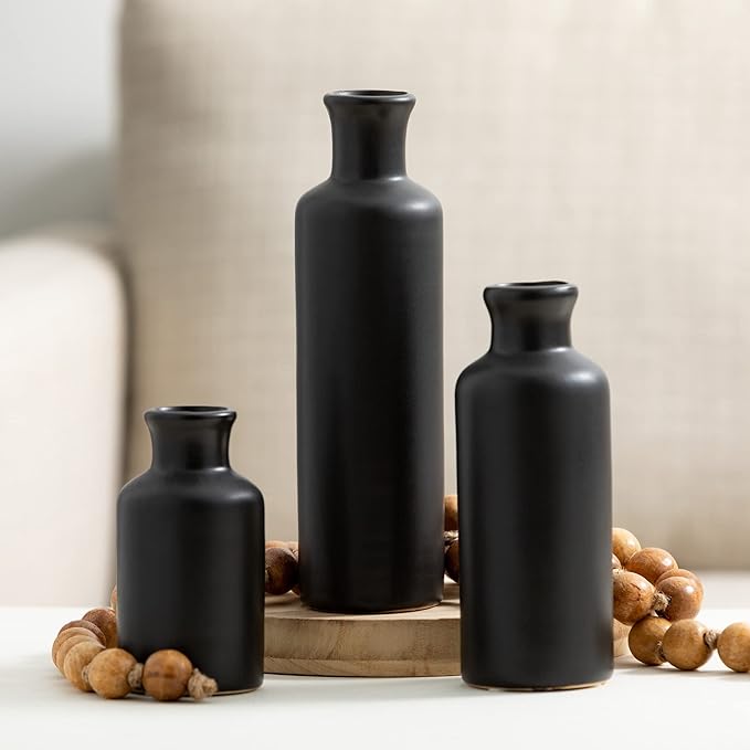 Sullivans Ceramic Black Vase Set, Modern Home Decor Decorative Vases for Your Kitchen, Bedroom, Office, Living Room, Bathroom, & Shelf Decor, Centerpiece Table Decorations, Small Vases (CM3038)