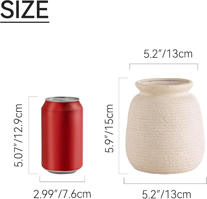 Ceramic Flower Vase, 6“ Small Rustic Farmhouse Vases Home Decor, Short Pottery Decorative Pampas Vase for Table Living Room Entryway Mantel Bookshelf Bedroom Bathroom Kitchen-White