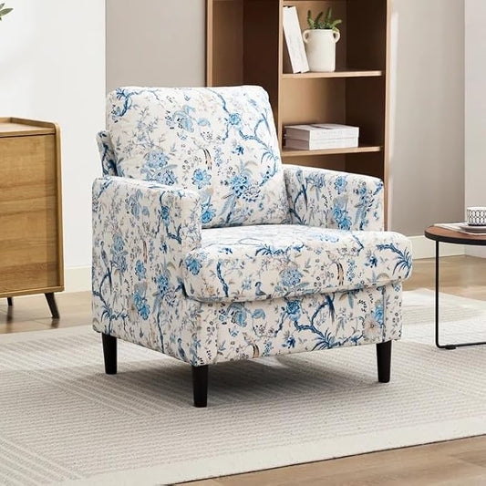 Mid-Century Accent Chair,Modern Linen Fabric Armchair for Living Room,Comfy Upholstered Reading Accent Chairs for Bedroom,Single Sofa Chair with Wood Legs (Blue Flowered Bird, 1 Pack)