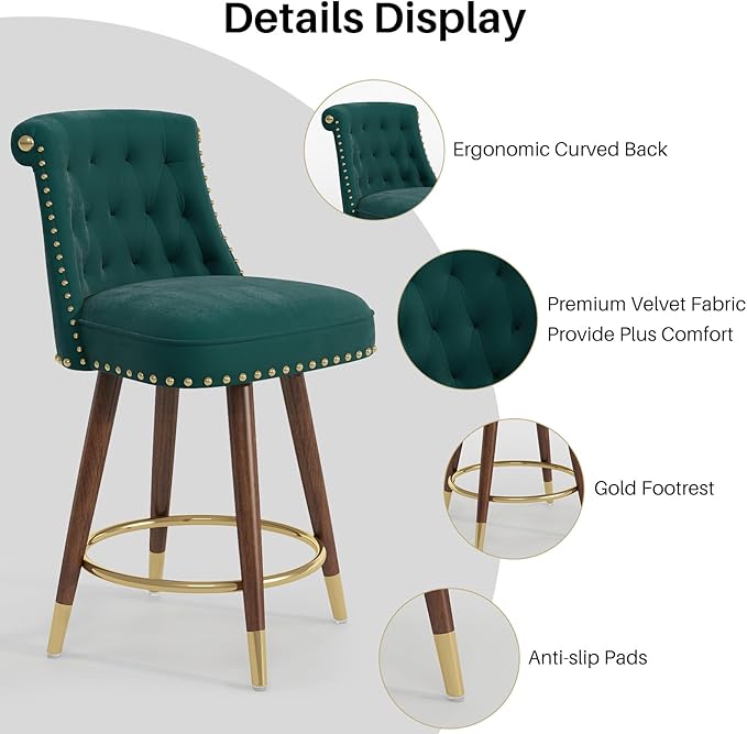 Counter Height Bar Stools, 360° Swivel Counter Stools Set of 2, Upholstered 24" Velvet Barstools with Back and Footrest for Kitchen Island, Seat Height, Solid Wood Legs, Fabric in Green