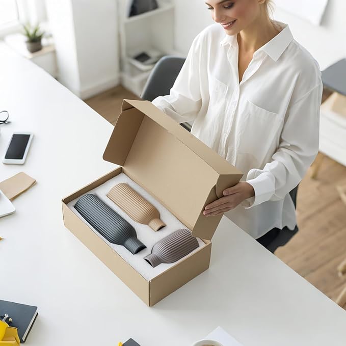 Modern Ceramic Vases Set of 3, White Ribbed Decorative Vases, Shelf Table Centerpiece for Home Decor (White)