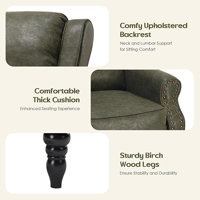 Leather Recliner Chair, Pushback Recliner Chair with Adjustable Backrest Footrest, Mid Modern Reclining Chair with Overstuffed Arms Lumbar Support for Reading, Living Room, Green