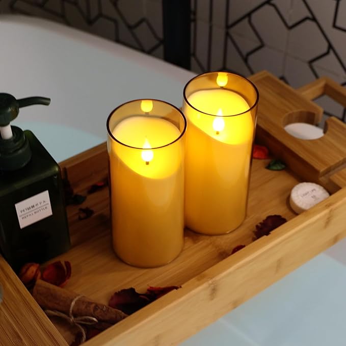 NURADA Flameless Candles with Remote Timer: 3D Wick Battery Operated Led Pillar Acrylic Fake Candle Set for Home Decoration Romantic Ambiance - Gold 2 Pack