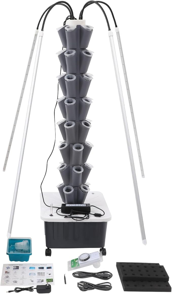 Hydroponic Growing Tower with Grow Lights, 40 Holes Vertical Planter Tower Hydroponics Growing System Kit with Wheels, for Fruits, Vegetables, Herbs and Miniature Greens (Gray)