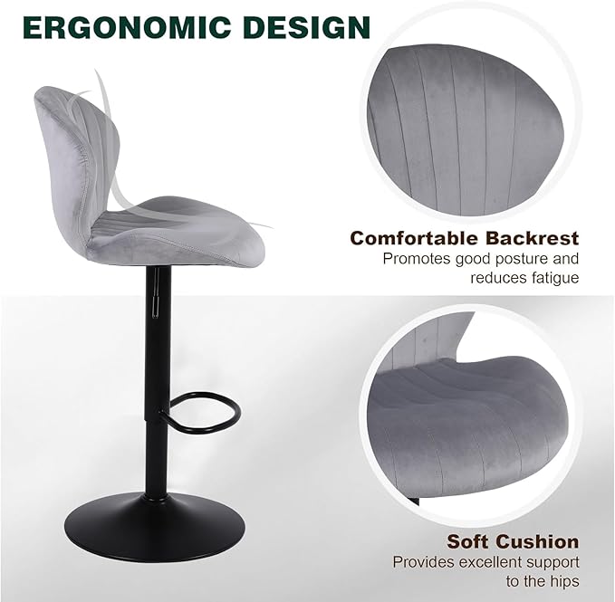 Modern Bar Stools Set of 4, Velvet Height Adjustable Swivel Barstools, Armless Kitchen Island Counter Chairs with Back & Footrest, Grey